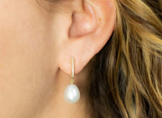 Pearl Drop and Diamond Huggie Earrings | 18K Yellow Gold
