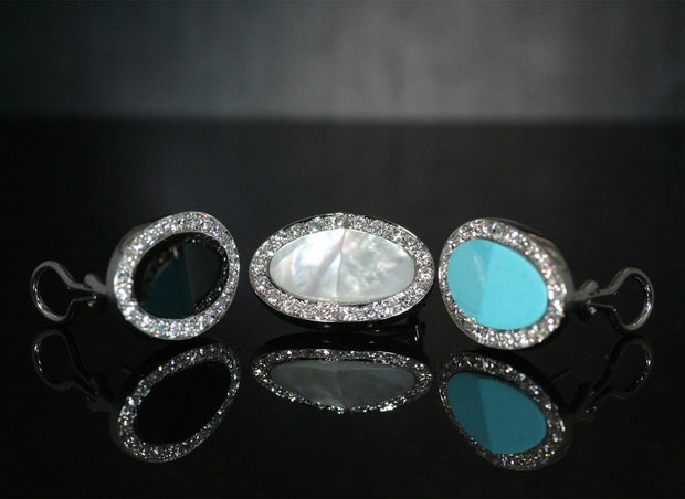 Oval Turquoise and Halo Diamond Earrings | 18K White Gold