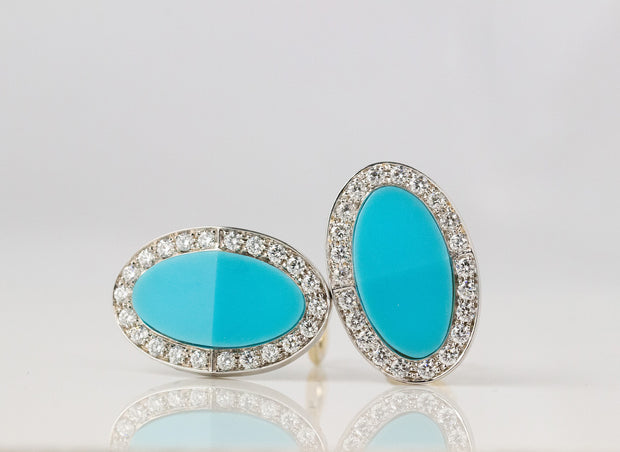 Oval Turquoise and Halo Diamond Earrings | 18K White Gold
