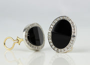 Large Oval Onyx and Halo Diamond Earrings | 18K White And Yellow Gold