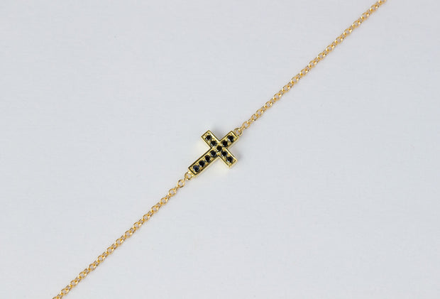 Double Sided Black and White Diamond Cross Bracelet | 14K Yellow Gold