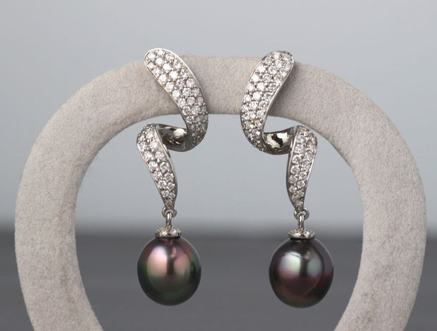 Black South Sea Pearl and Pave Diamond Earrings