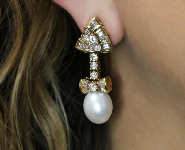Diamond Bow and Pearl Drop Earrings