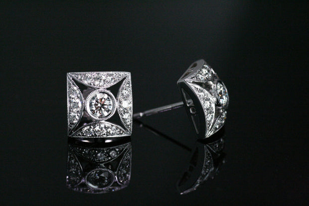 Square Art Deco Diamond Earrings | White Gold