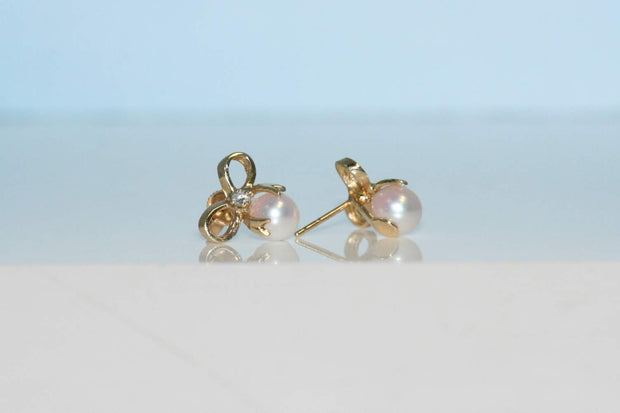 Cultured Pearl and Diamond Bow Earrings | 14K Yellow Gold