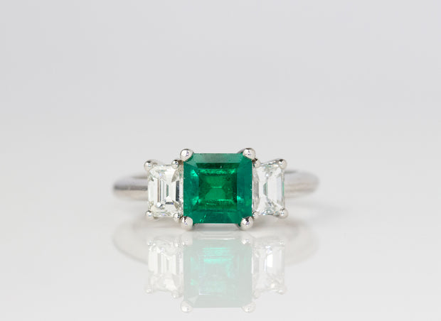 Three Stone Emerald and Diamond Ring | Platinum