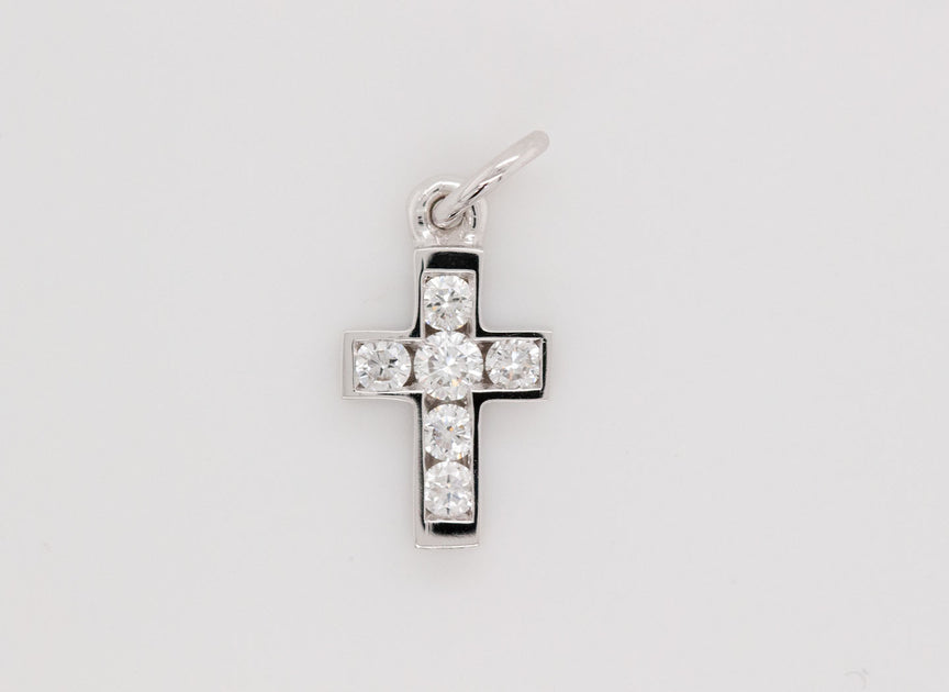 Small Channel Set Diamond Cross Pendant | 18K White Gold