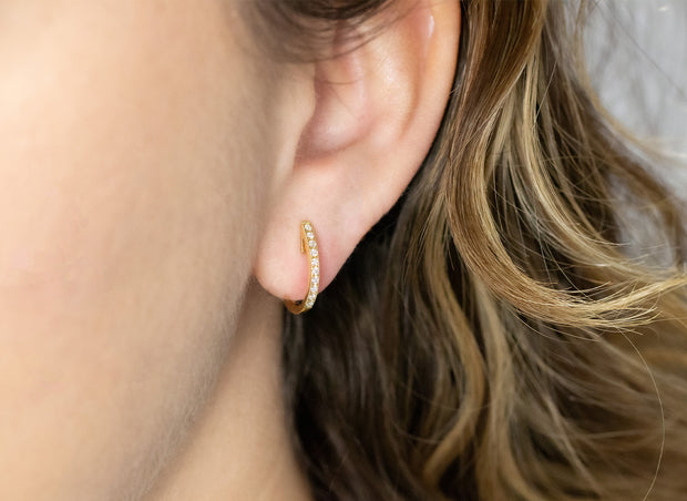 Single Row Pave Diamond Huggie Earrings | 18K Yellow Gold