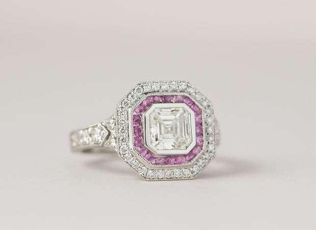 Ascher Cut Double Halo Pink Sapphire and Diamond Engagement Ring | Platinum