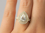 Double Halo Pear Shaped Diamond Engagement Ring | 14K Yellow Gold