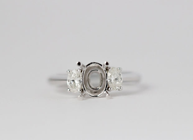 Three Stone Oval Diamond Engagement Ring Setting | 18K White Gold