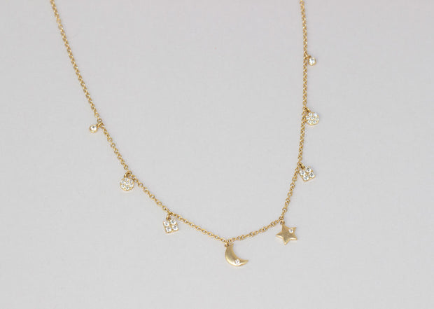 Moons And Stars Diamond Necklace | 18K Yellow Gold