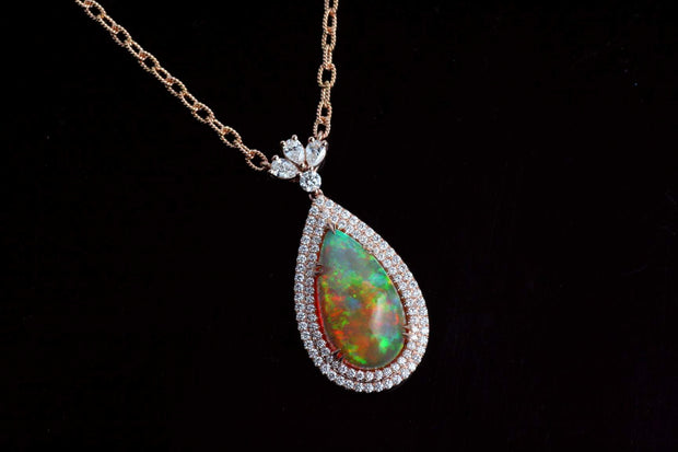 Pear Shaped Opal with Diamond Halo Pendant | 18K Rose Gold