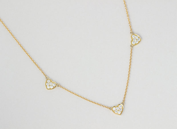 Three Diamond Hearts Necklace | 18K Yellow Gold