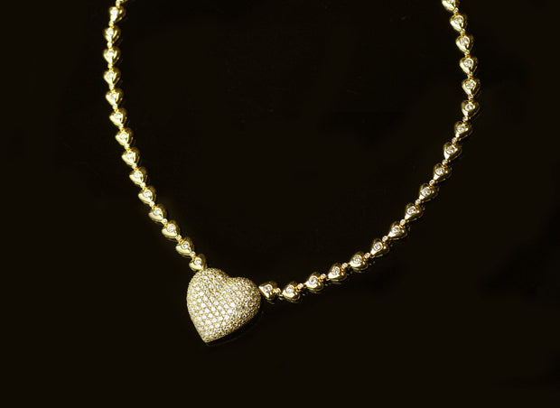 Pave Heart Diamond Necklace With Heart Chain Detail | 18K Yellow Gold