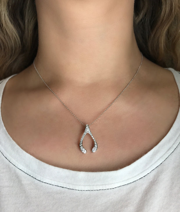 Diamond Wishbone Necklace |18K White Gold