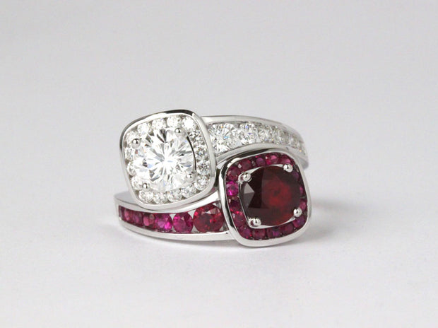 Custom Made Ruby and Diamond Embrace Ring | 18K White Gold