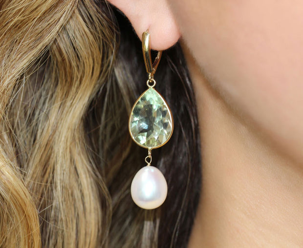 Topaz and Pearl Gold Earrings | 14K Yellow Gold