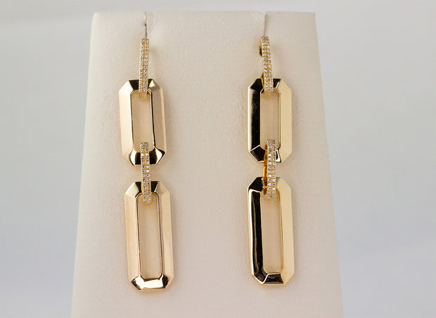 Gold Link and Diamond Dangle Earrings | 14K Yellow Gold