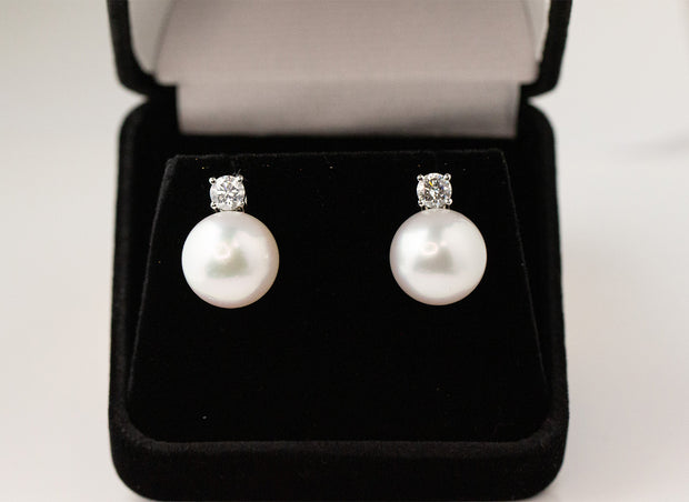 Pearl and Diamond Drop Earrings | 18K White Gold