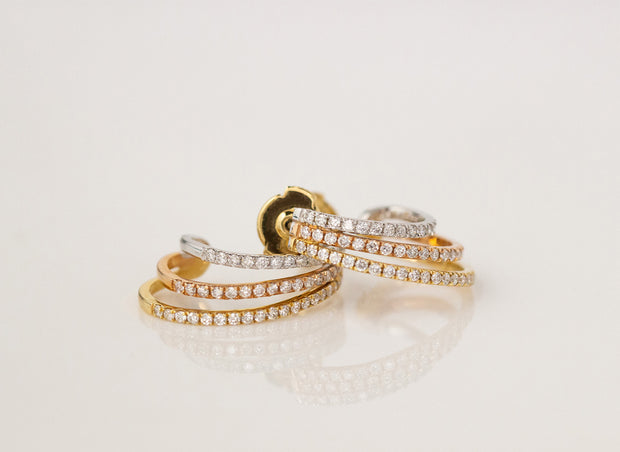 Tricolor Diamond 3 Row Hoop Earrings | 18K White, Yellow and Rose Gold