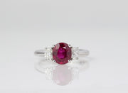 Three Stone Oval Ruby and Diamond Ring | 18K White Gold