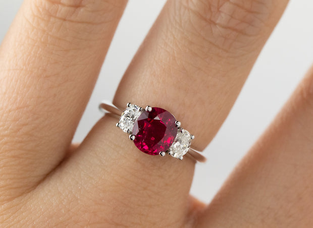 Three Stone Oval Ruby and Diamond Ring | 18K White Gold