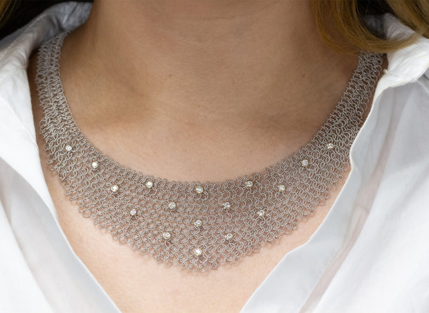 Mesh Chain and Diamond Necklace | 18K White Gold
