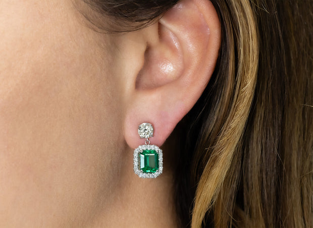 Emerald and Diamond Halo Drop Earrings | 18K White Gold