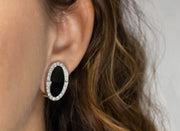 Oval Onyx and Halo Diamond Earrings | 14K White Gold