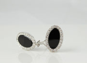 Oval Onyx and Halo Diamond Earrings | 14K White Gold