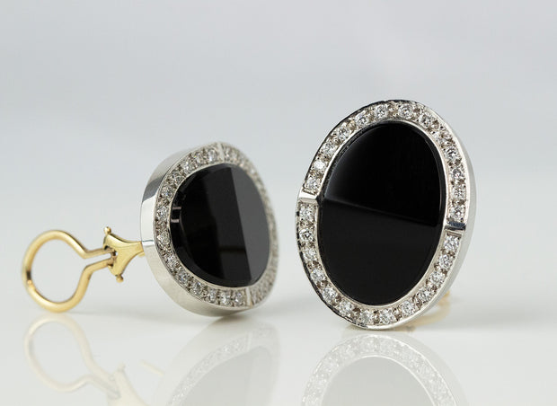 Large Oval Onyx and Halo Diamond Earrings | 18K White And Yellow Gold