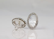 Oval Mother Of Pearl and Halo Diamond Earrings | 14K White Gold