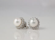 Pearl and Halo Diamond Stud Earrings | 18K White Gold