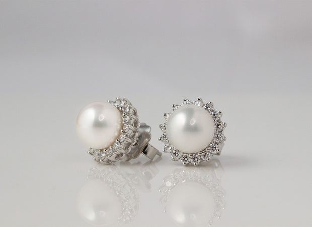 Pearl and Halo Diamond Stud Earrings | 18K White Gold