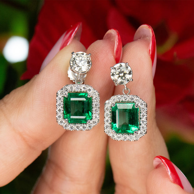 Emerald and Diamond Halo Drop Earrings | 18K White Gold
