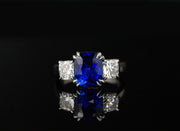 Three Stone Cushion Cut Blue Sapphire and Diamond Ring | Platinum