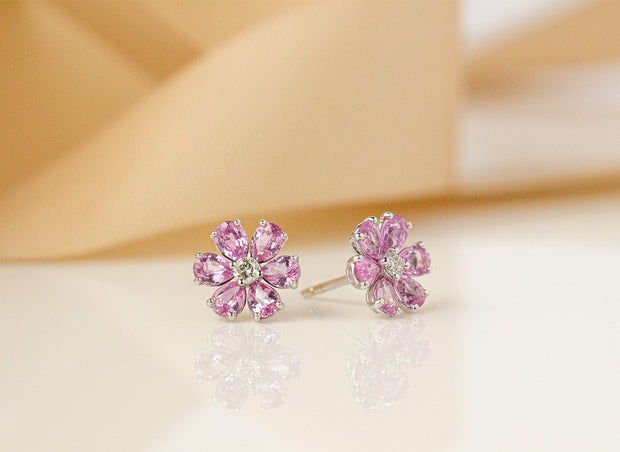Pink Sapphire and Diamond Flower Earrings | 18K White Gold
