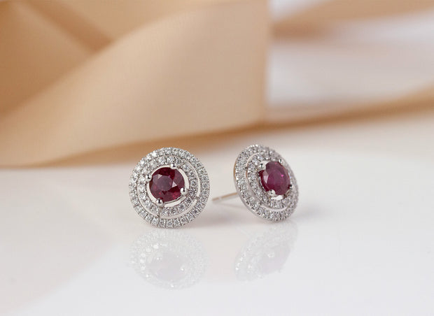 Ruby and Double Halo Earrings | 18K White Gold