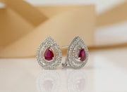 Pear Shaped Ruby and Diamond Double Halo Earrings |  18K White Gold