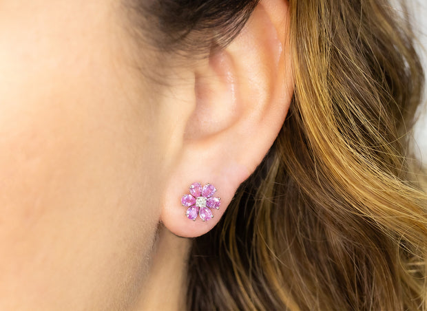 Pink Sapphire and Diamond Flower Earrings | 18K White Gold