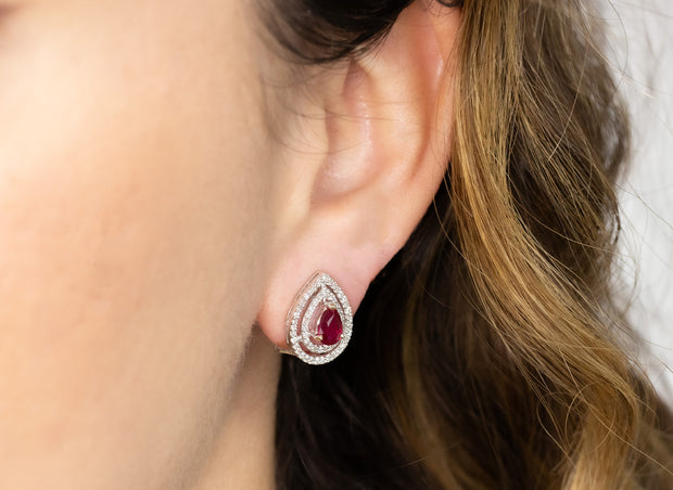 Pear Shaped Ruby and Diamond Double Halo Earrings |  18K White Gold