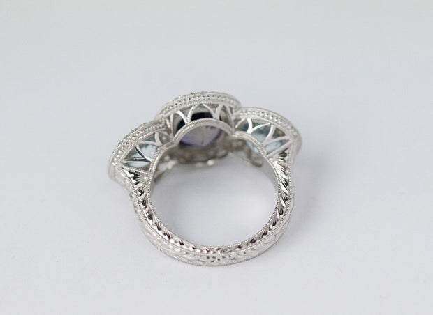 Three Stone Diamond Halo Iolite and Aquamarine Side Stone Ring | Platinum
