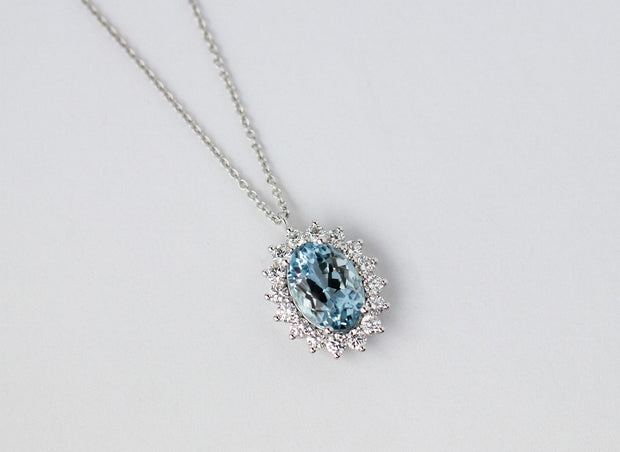 Aquamarine and Diamond Halo Pendant Necklace | 14K White Gold