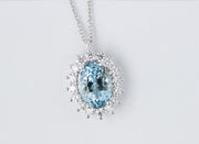 Aquamarine and Diamond Halo Pendant Necklace | 14K White Gold