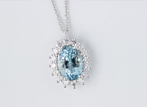 Aquamarine and Diamond Halo Pendant Necklace | 14K White Gold