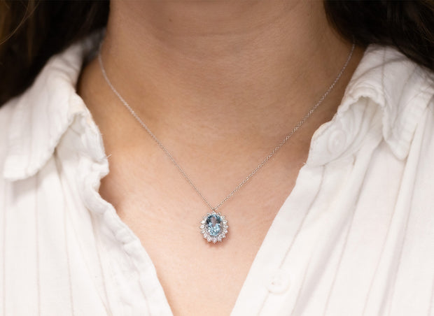 Aquamarine and Diamond Halo Pendant Necklace | 14K White Gold