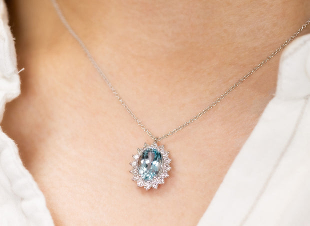 Aquamarine and Diamond Halo Pendant Necklace | 14K White Gold