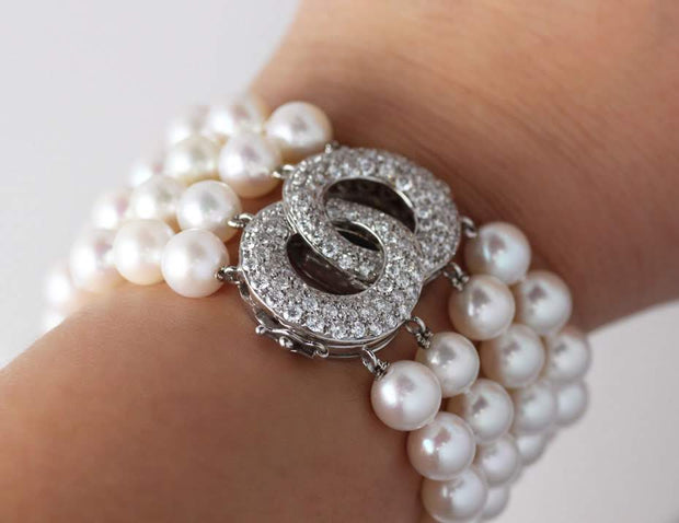 Four Strand Pearl Bracelet with Diamond Clasp | 18K White Gold