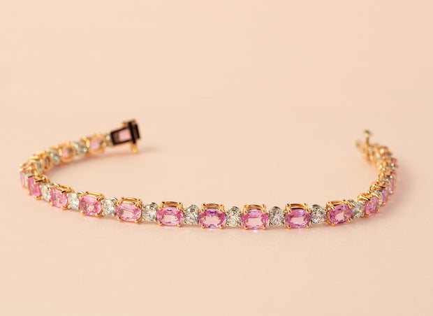 Oval Pink Sapphire and Diamond Line Bracelet | 18K Rose Gold
